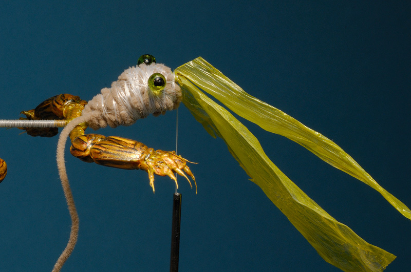 Two strips of colored natural raffia are tied on behind the hook eye